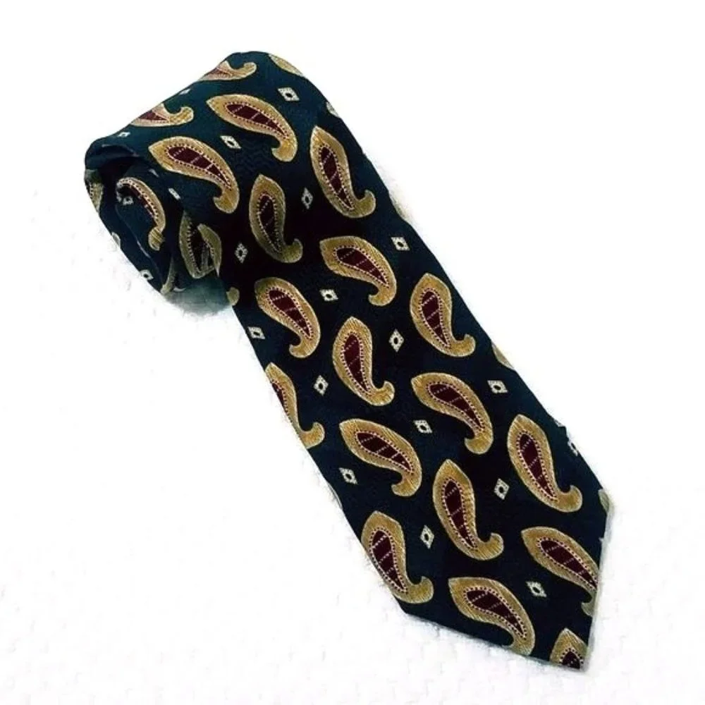 Mens GJ Cahn Green Maroon Paisley Print Silk Necktie - Picture 1 of 3